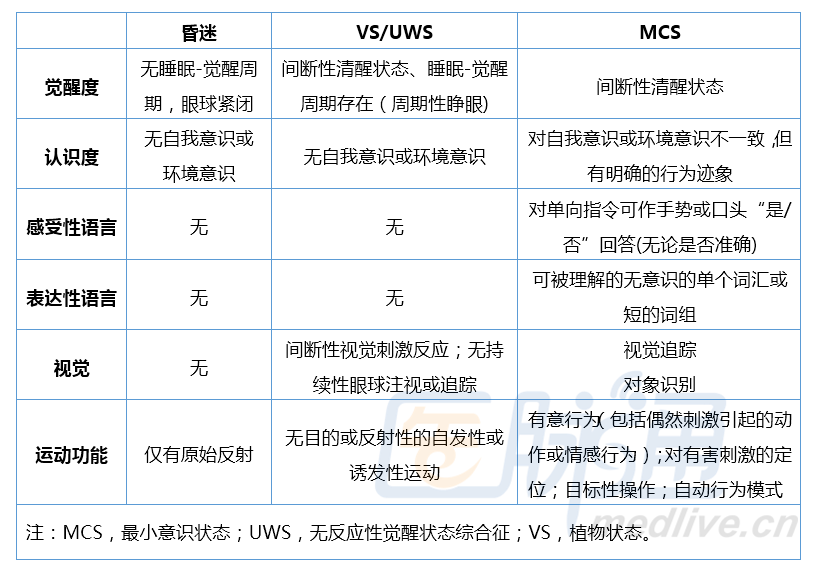 表1 不同意识障碍分类的临床特征